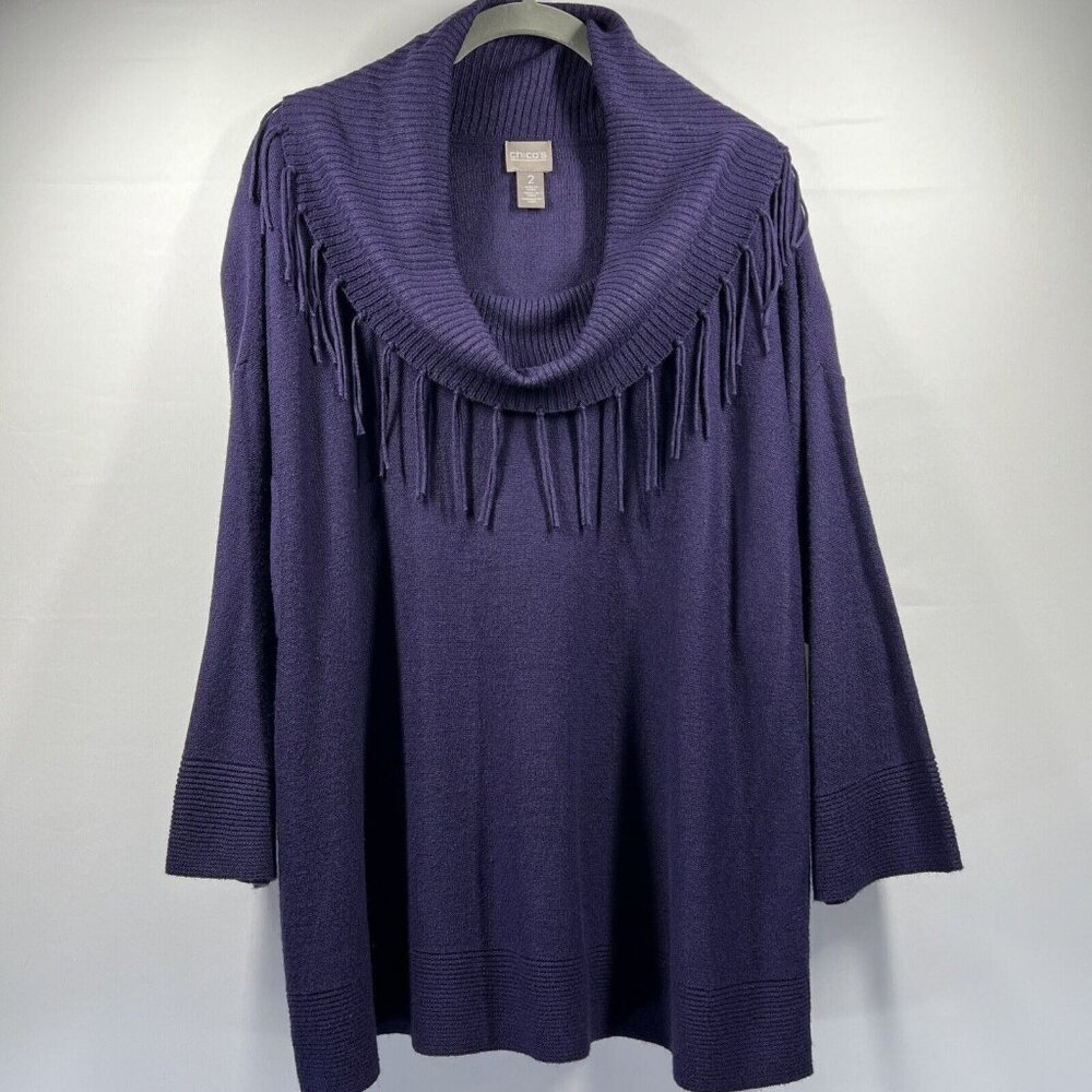 Chicos‎ Women's Sweater Size Large Solid Purple Fringe Shawl Collar 3/4 Sleeve